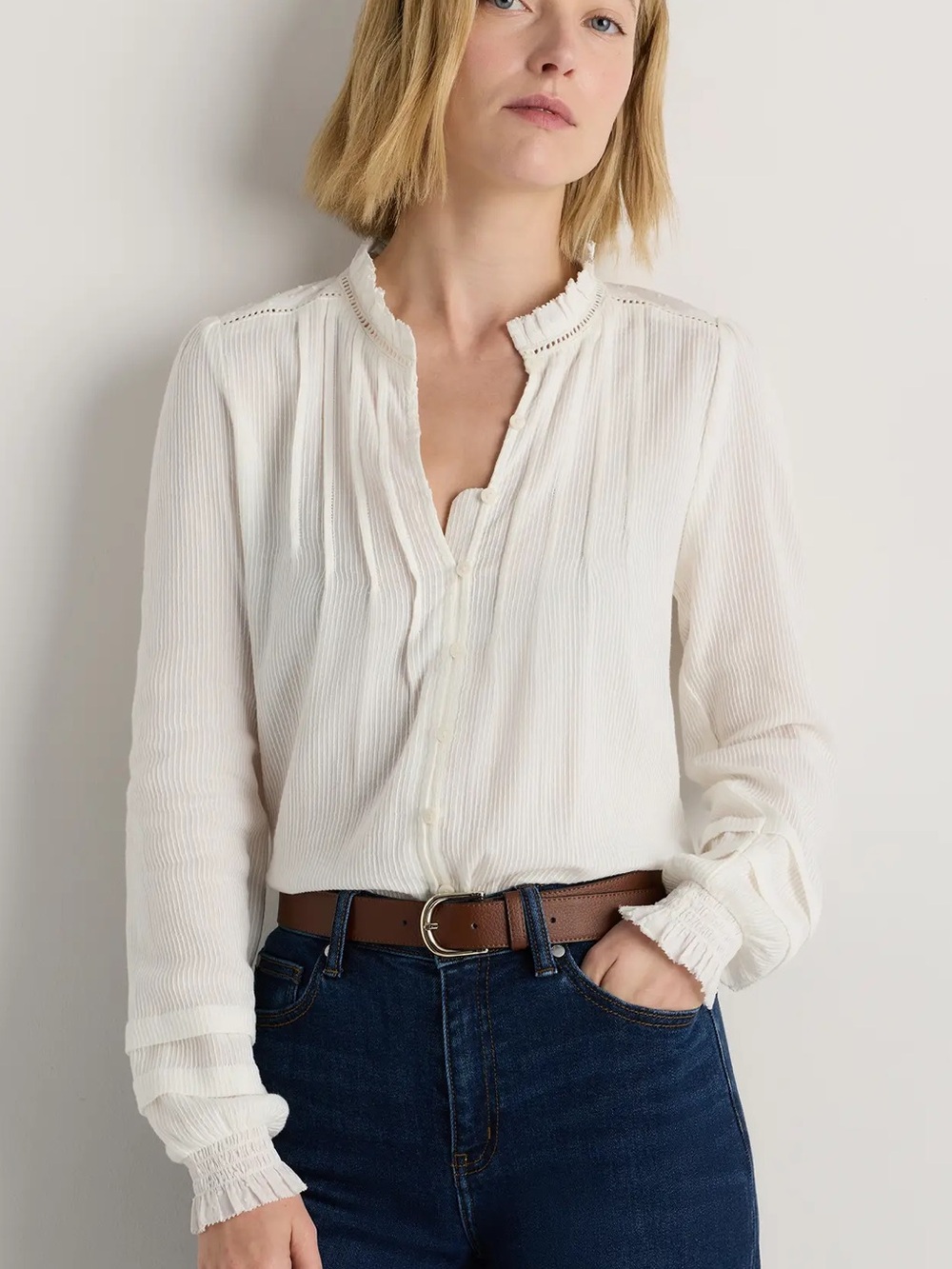 Quince Organic Textured Cotton Peasant Blouse Button Front Size Large